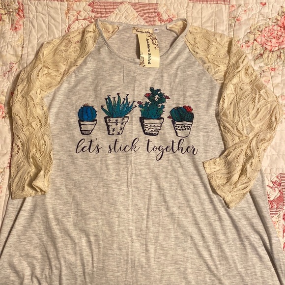 Southern Stitch Tops - Cute graphic Tee shirt Let’s Stick Together gray M Medium